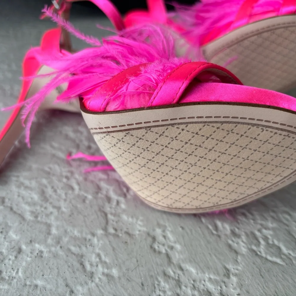 Jessica Simpson Raelin Neon Pink Feathered Strappy High Heels - Picture 6 of 8